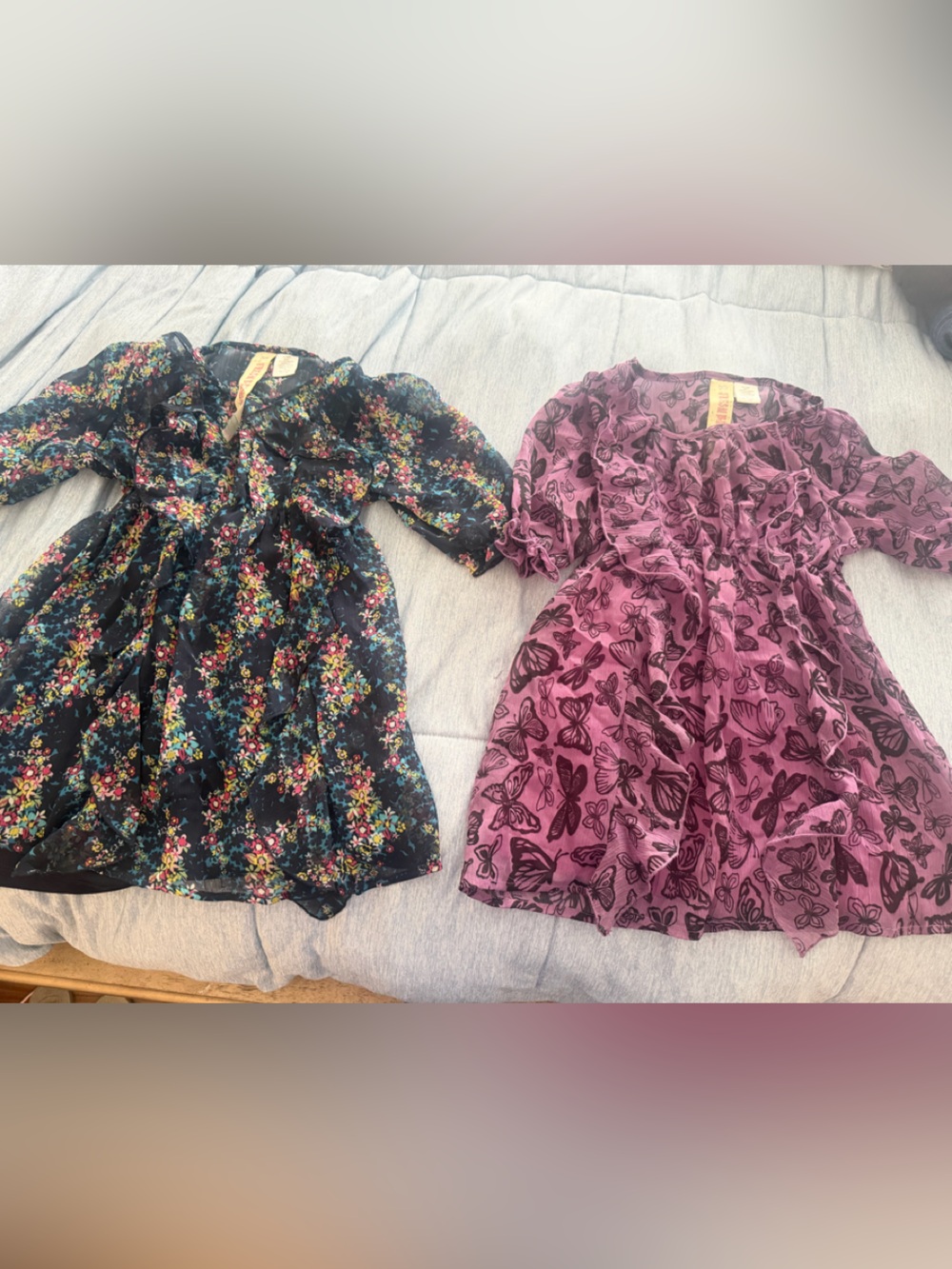 Set of Two Floral & Butterfly Sheer Blouses Black Floral & Mauve Butterfly sz M